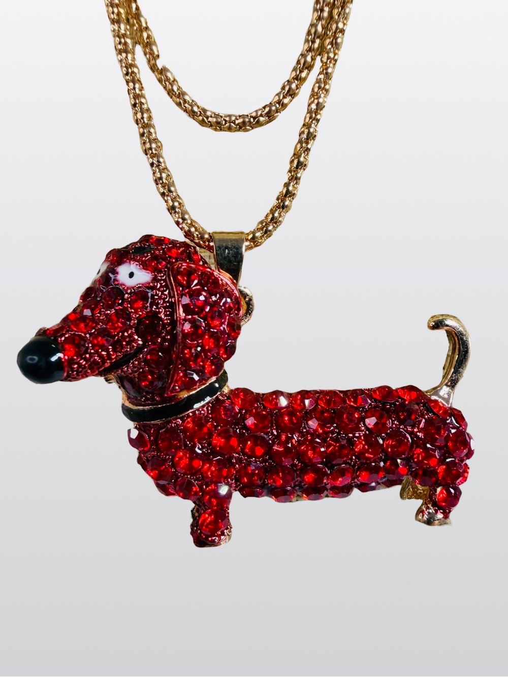 Betsey Johnson Red Dachshund Pendant Necklace Gold Tone Rhinestone 28” NWOT